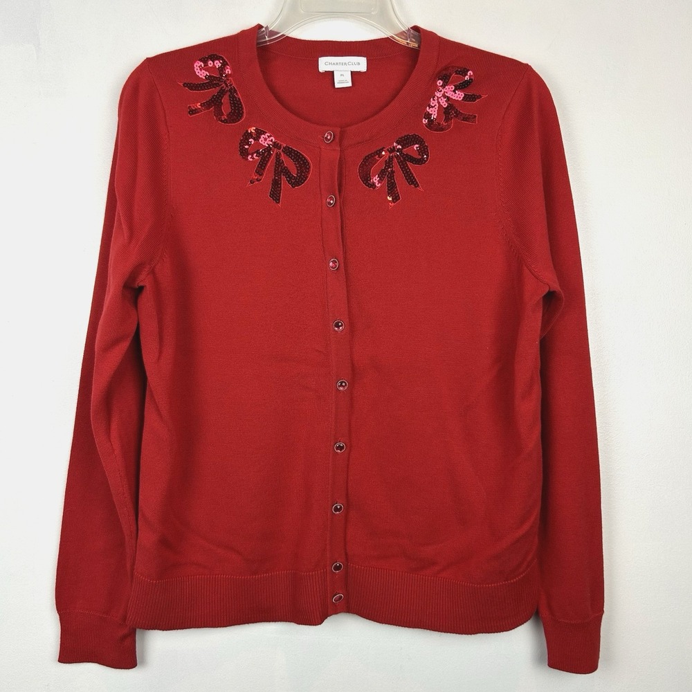 Charter Club Sequin Cardigan Sweater Women Large P Red Holiday Festive Christmas